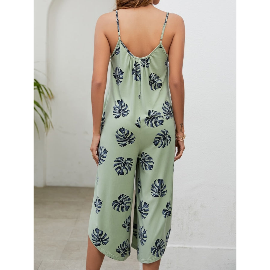 Botanical Print Spaghetti Strap Scoop Neck Jumpsuit