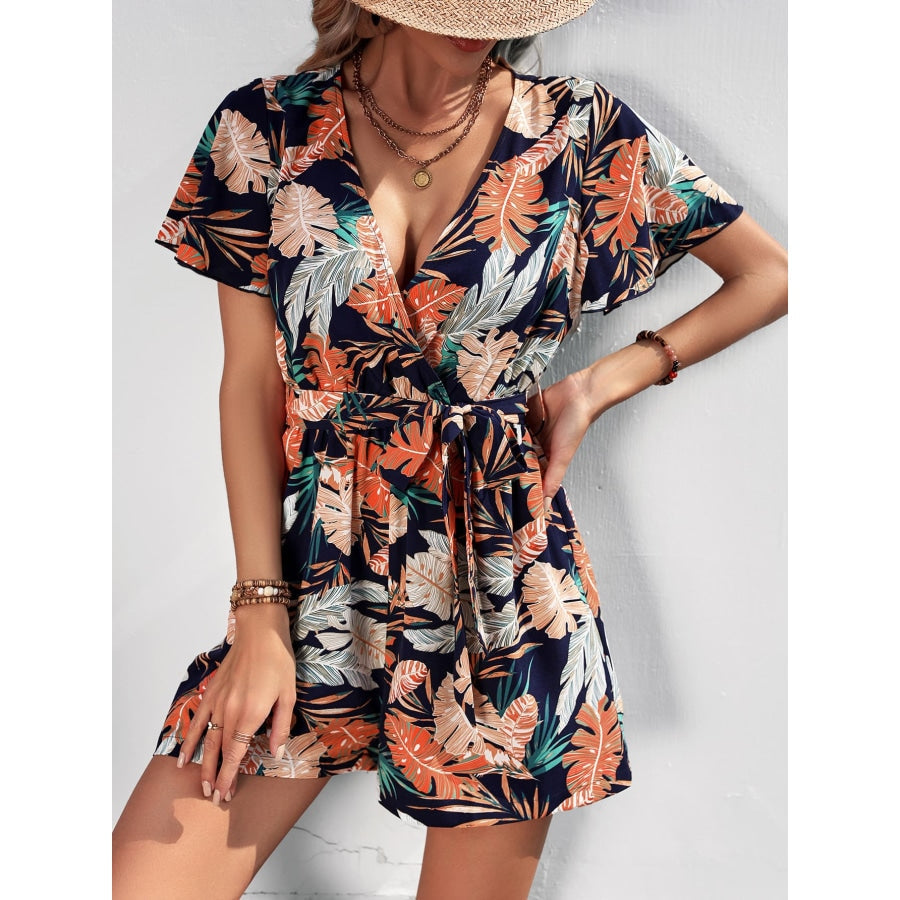 Botanical Print Surplice Neck Tie Waist Romper Black / S