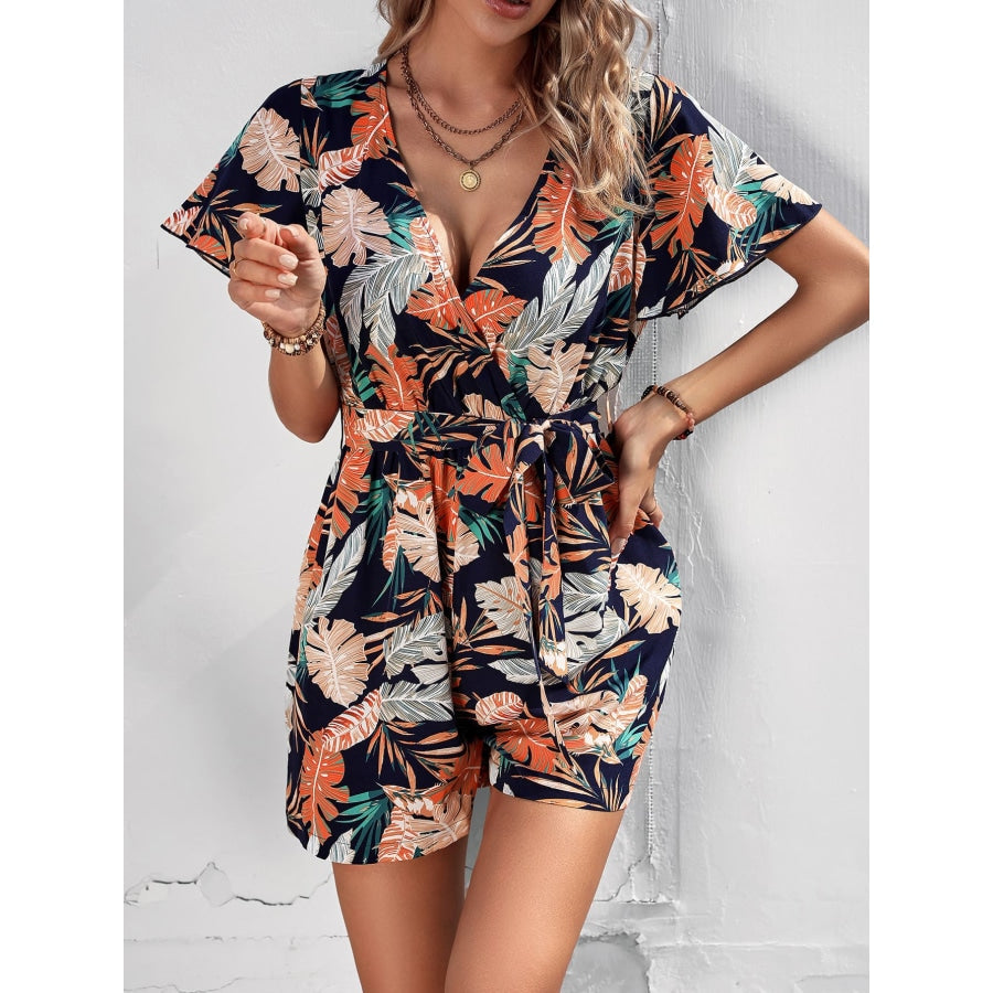 Botanical Print Surplice Neck Tie Waist Romper