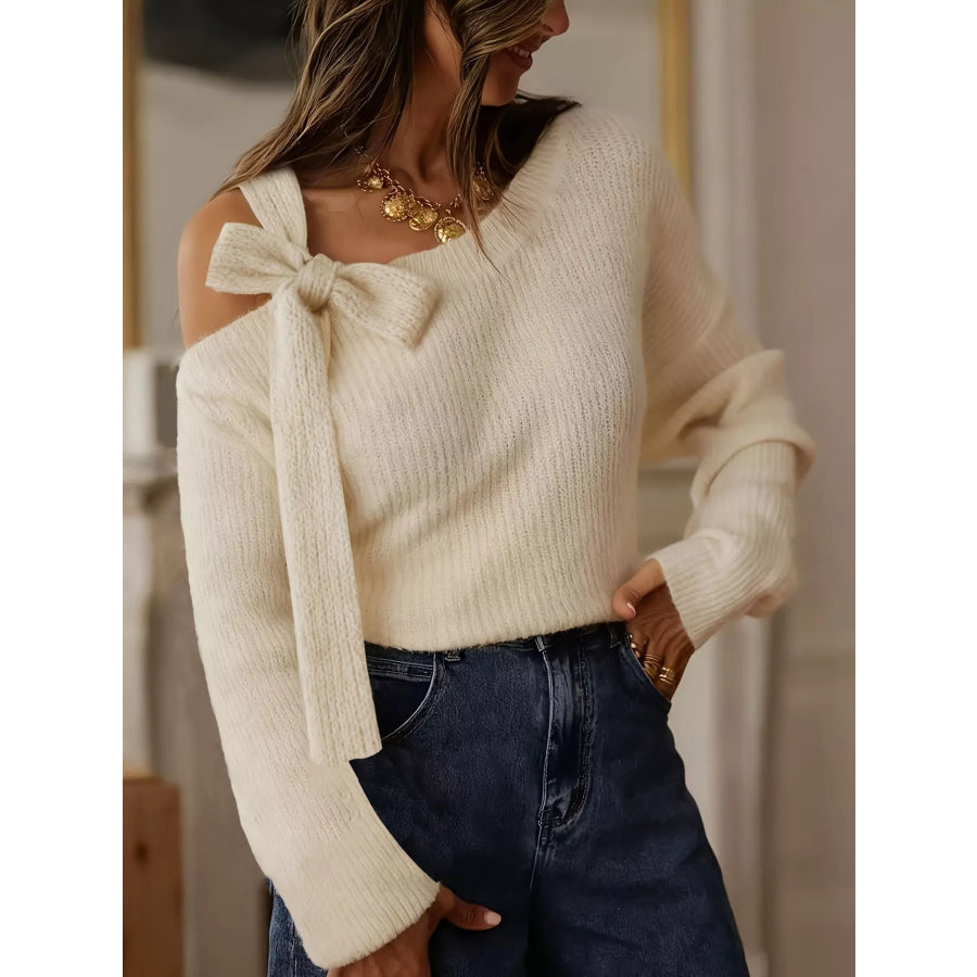 Bow-Accent One-Shoulder Sweater Beige / S Apparel and Accessories