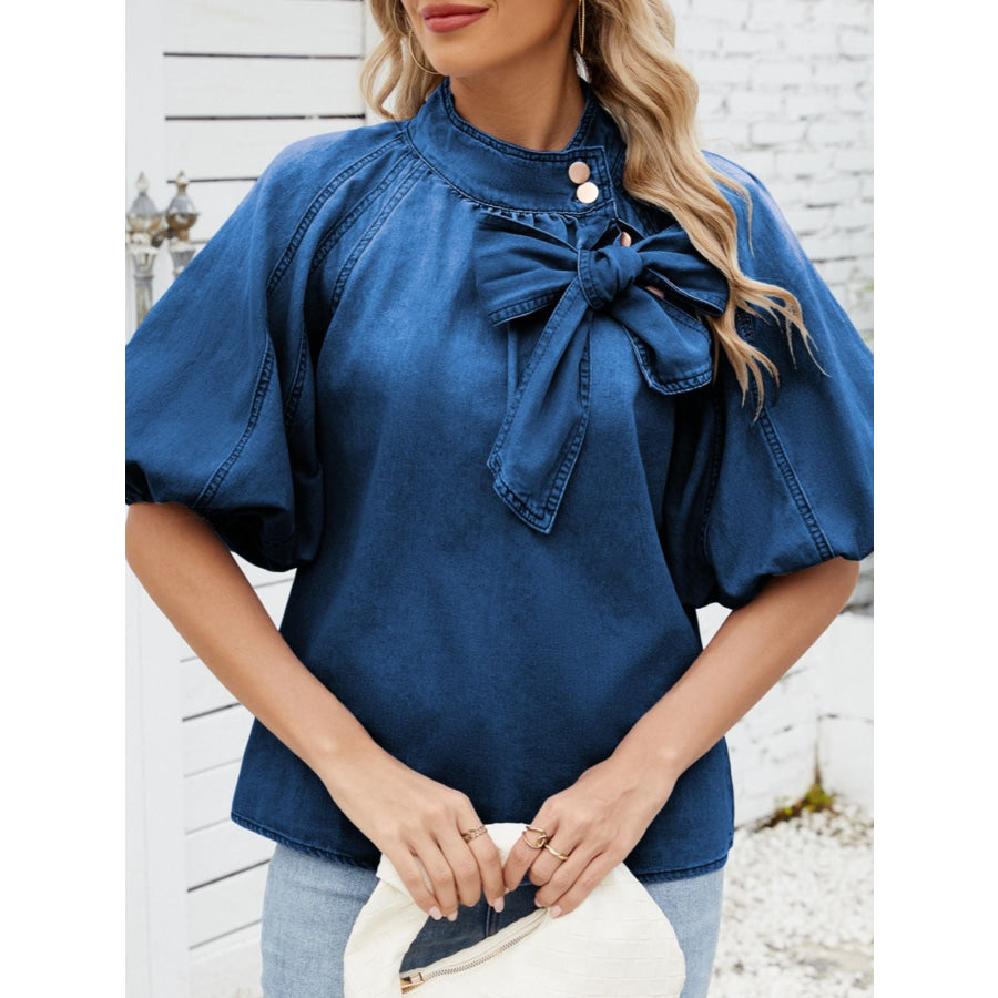 Bow Accent Puff Sleeve Denim Top Apparel and Accessories