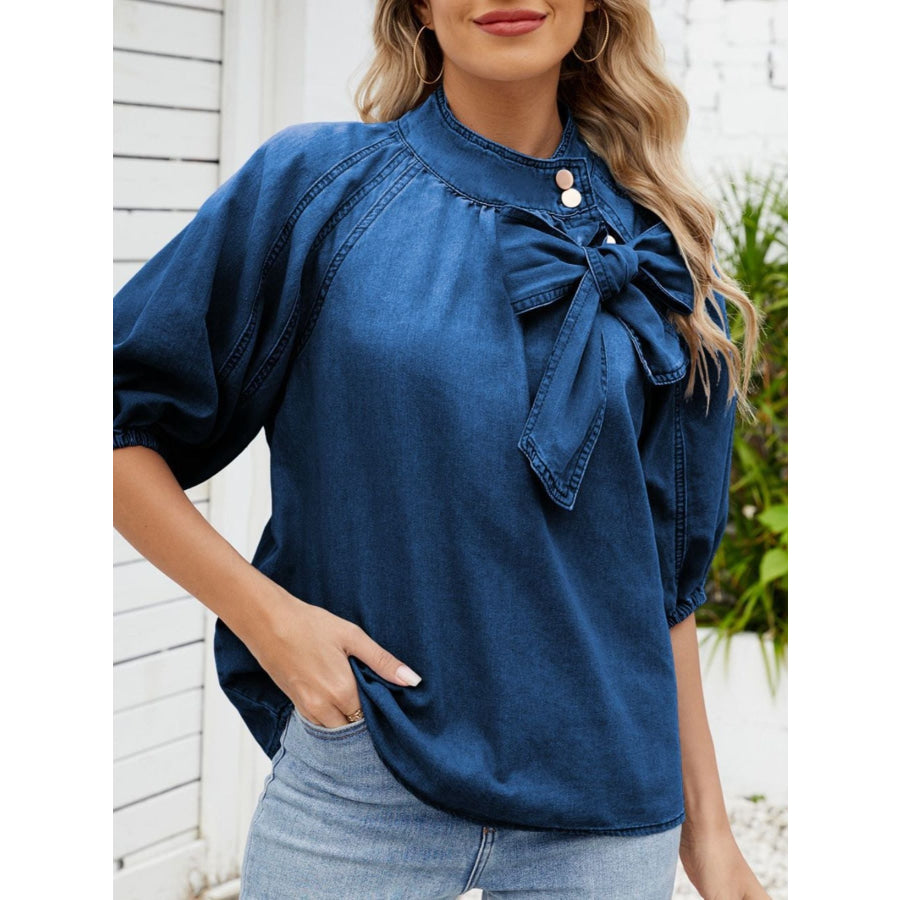 Bow Accent Puff Sleeve Denim Top Apparel and Accessories