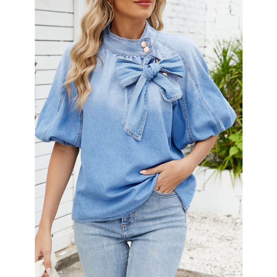 Bow Accent Puff Sleeve Denim Top Apparel and Accessories