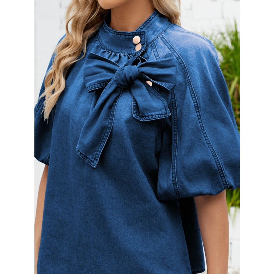 Bow Accent Puff Sleeve Denim Top Apparel and Accessories