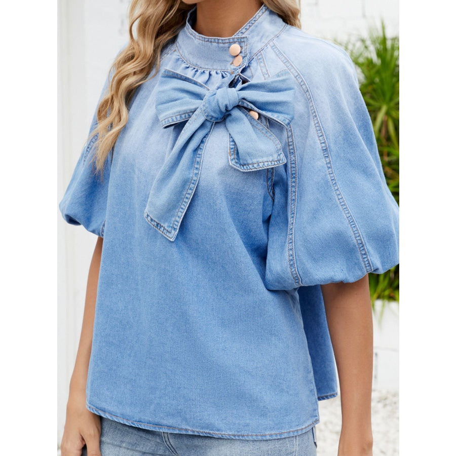 Bow Accent Puff Sleeve Denim Top Apparel and Accessories