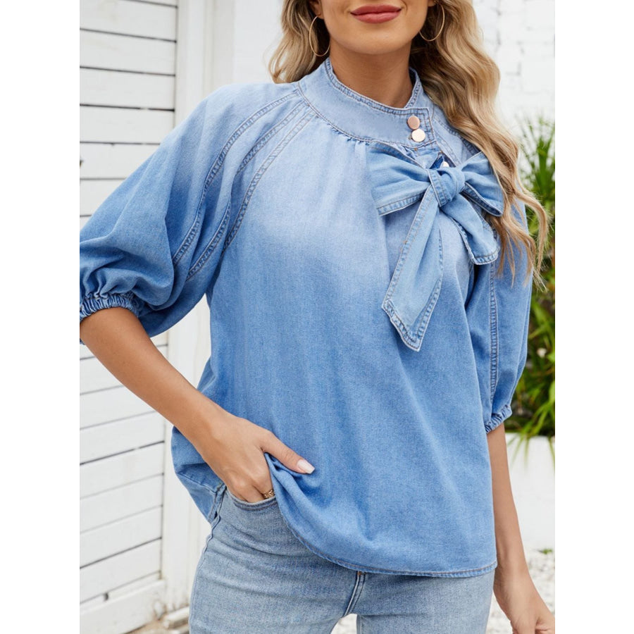 Bow Accent Puff Sleeve Denim Top Apparel and Accessories