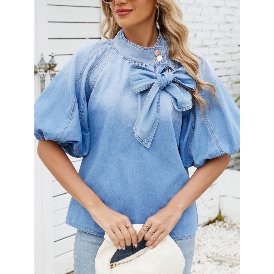 Bow Accent Puff Sleeve Denim Top Light Blue / S Apparel and Accessories