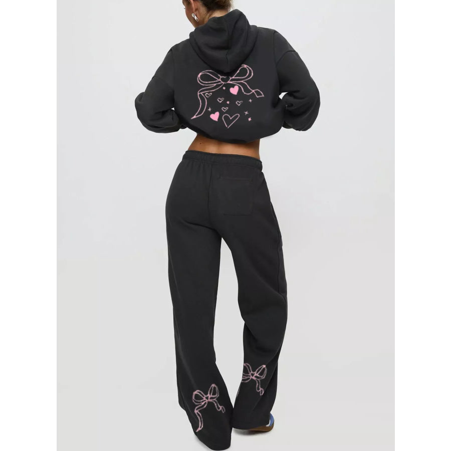Bow and Heart Dropped Shoulder Hoodie Pants Set Apparel Accessories