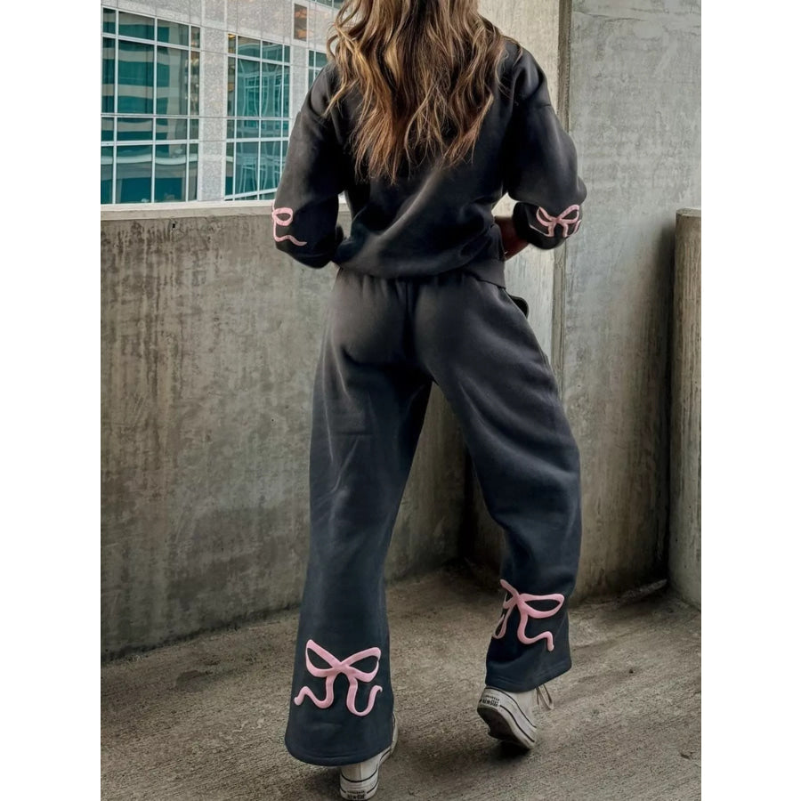 Bow and Heart Dropped Shoulder Hoodie Pants Set Apparel Accessories