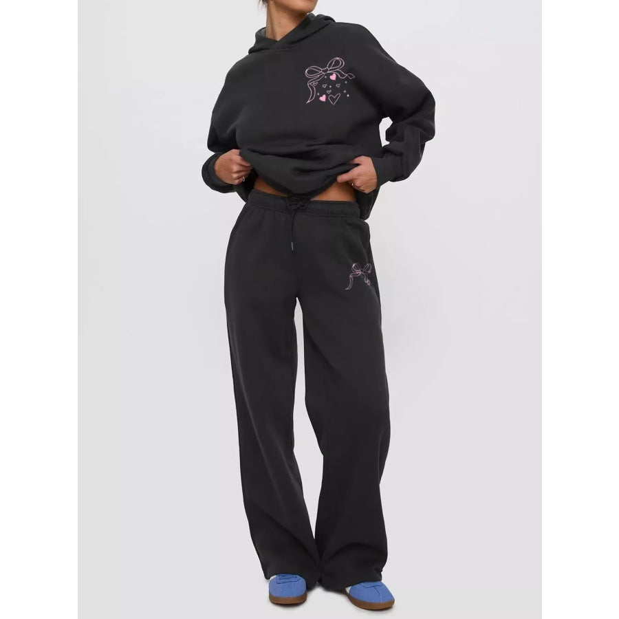 Bow and Heart Dropped Shoulder Hoodie Pants Set Black / S Apparel Accessories
