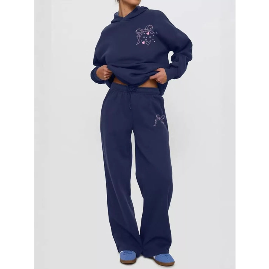 Bow and Heart Dropped Shoulder Hoodie Pants Set Blue / S Apparel Accessories