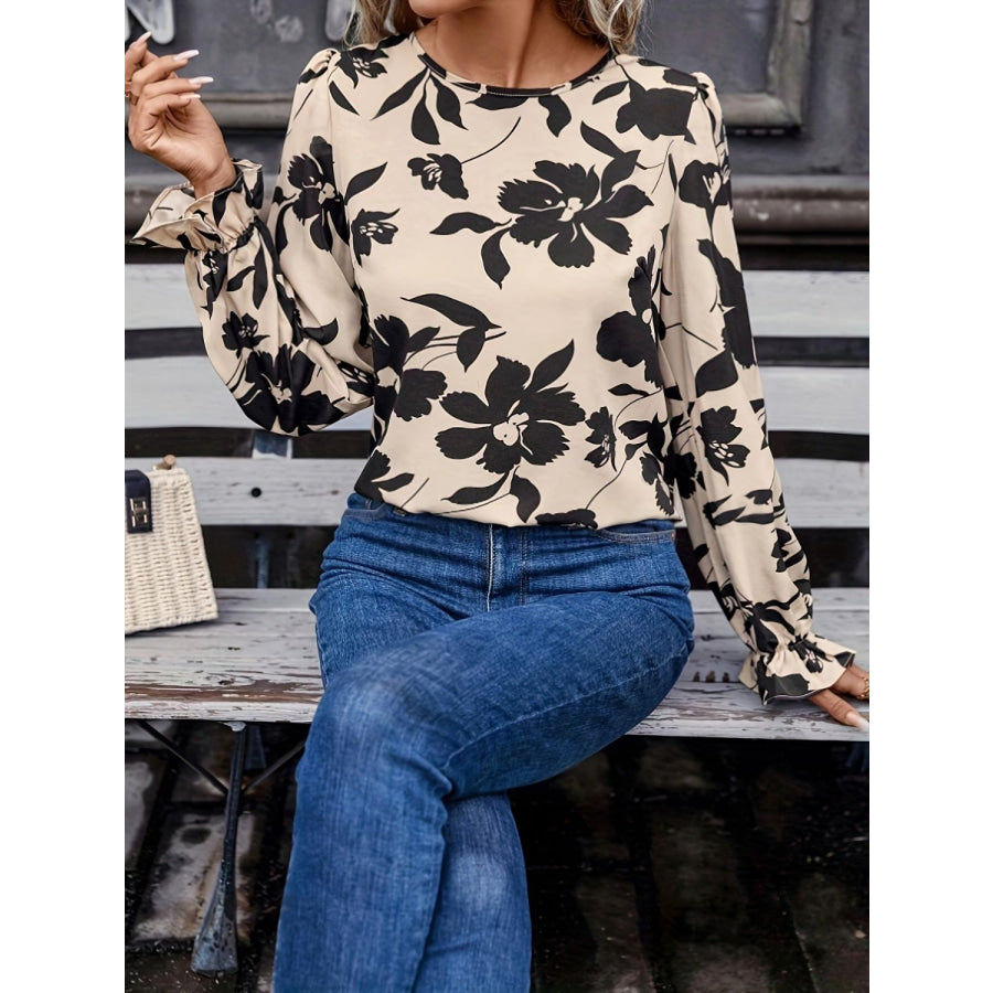 Bow Back Printed Round Neck Flounce Sleeve Blouse Apparel and Accessories