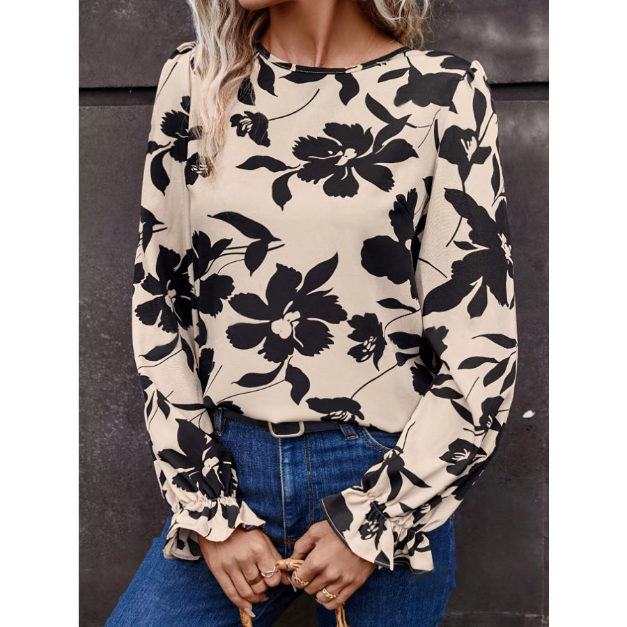 Bow Back Printed Round Neck Flounce Sleeve Blouse Apparel and Accessories