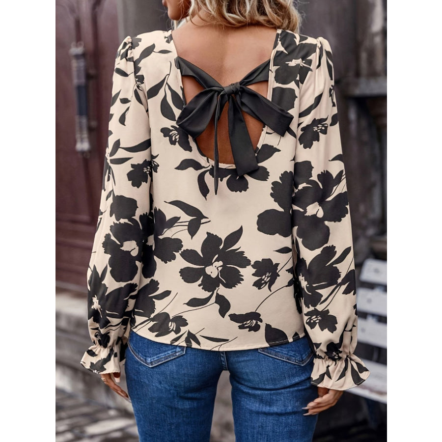 Bow Back Printed Round Neck Flounce Sleeve Blouse Apparel and Accessories