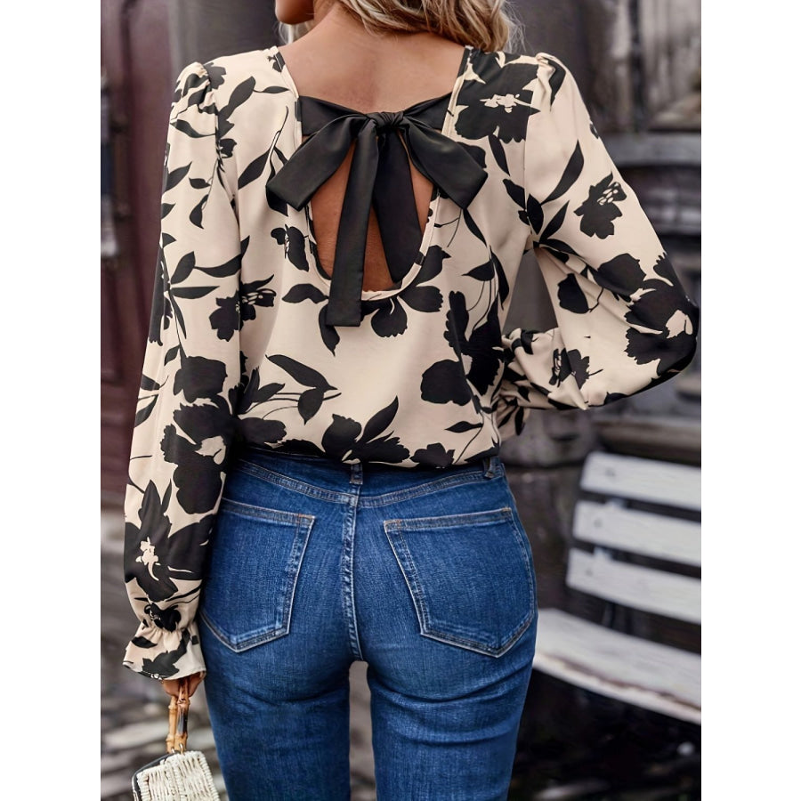 Bow Back Printed Round Neck Flounce Sleeve Blouse Tan / S Apparel and Accessories