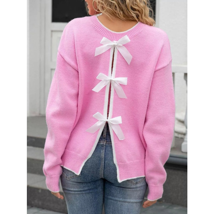 Bow-Back Round Neck Sweater Pink / S Apparel and Accessories