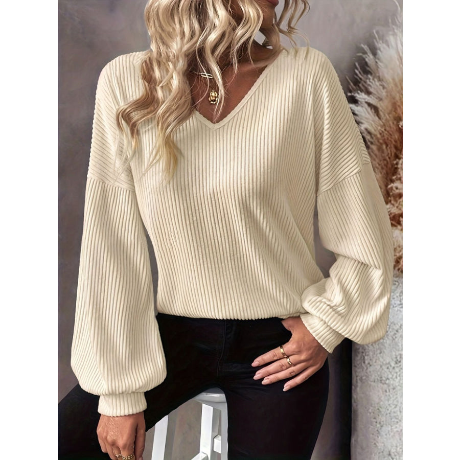 Bow Back V-Neck Drop Shoulder T-Shirt Beige / S Apparel and Accessories