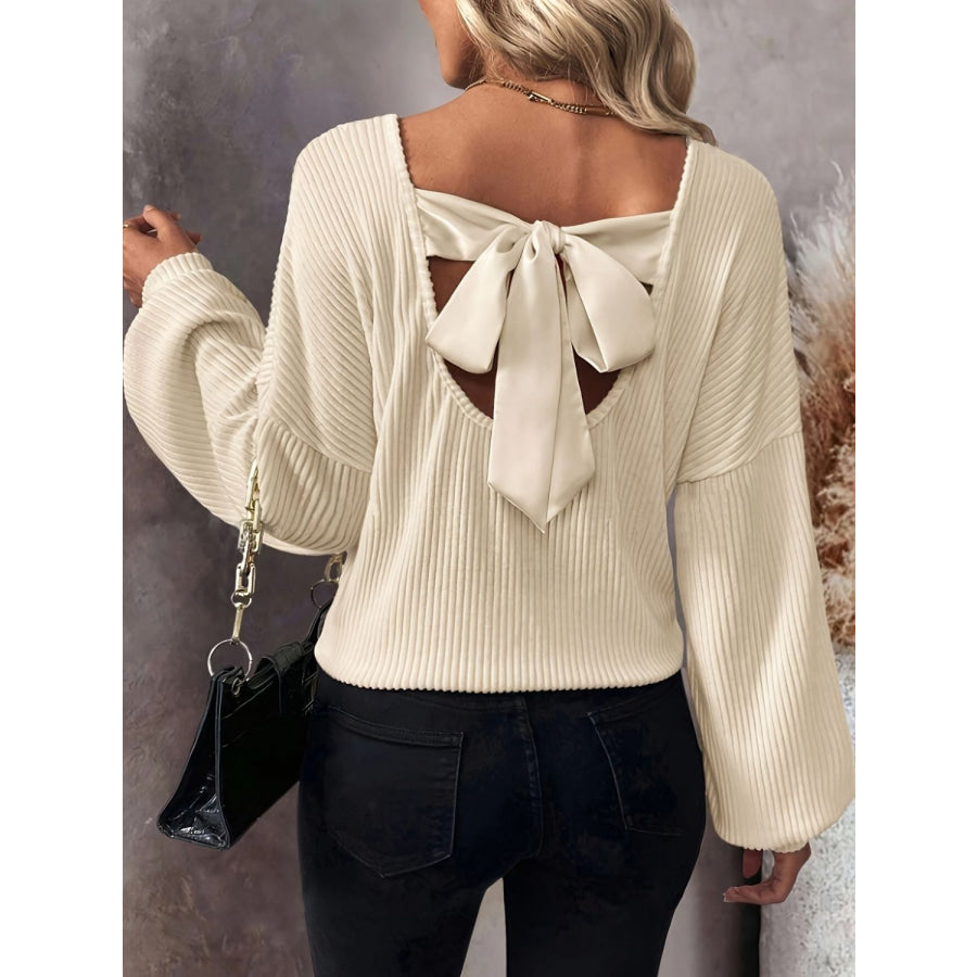 Bow Back V-Neck Drop Shoulder T-Shirt Beige / S Apparel and Accessories