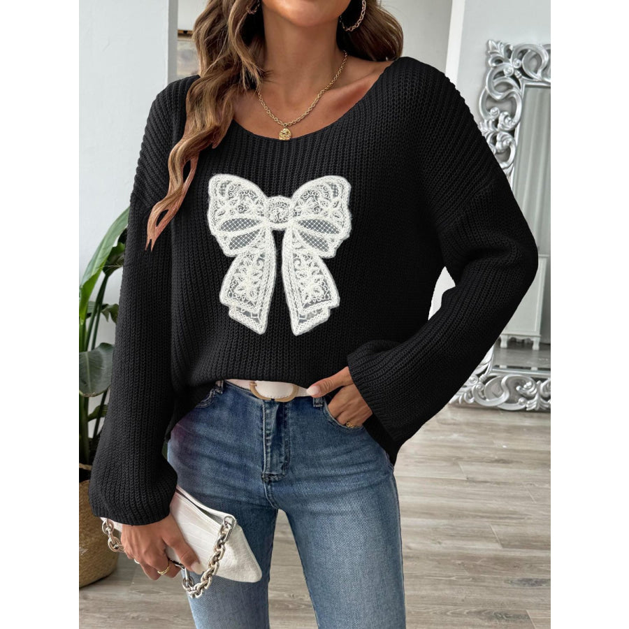 Bow Boat Neck Long Sleeve Sweater Apparel and Accessories