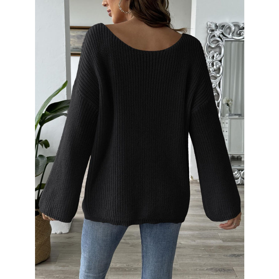 Bow Boat Neck Long Sleeve Sweater Apparel and Accessories