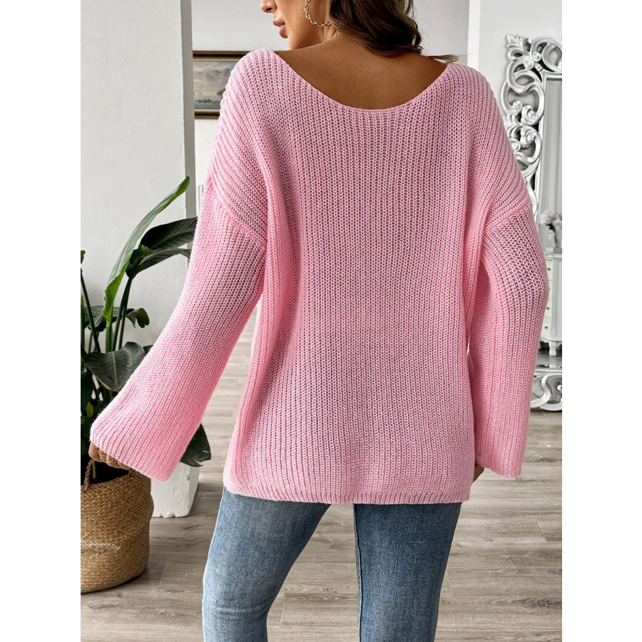 Bow Boat Neck Long Sleeve Sweater Apparel and Accessories