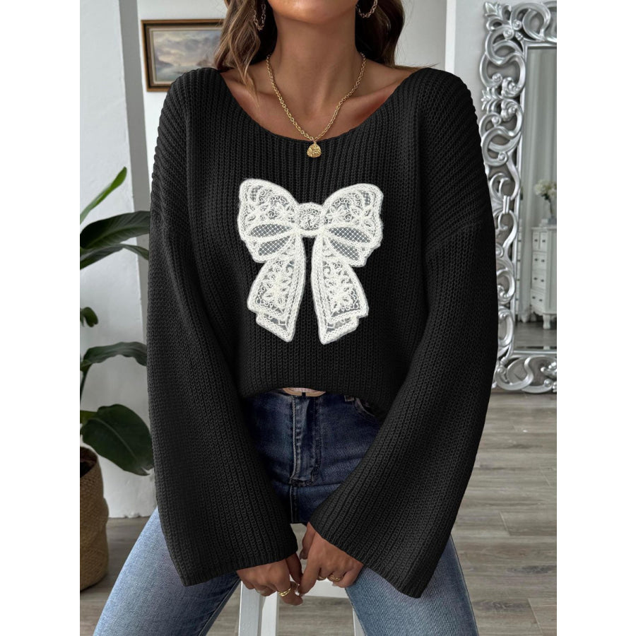 Bow Boat Neck Long Sleeve Sweater Apparel and Accessories