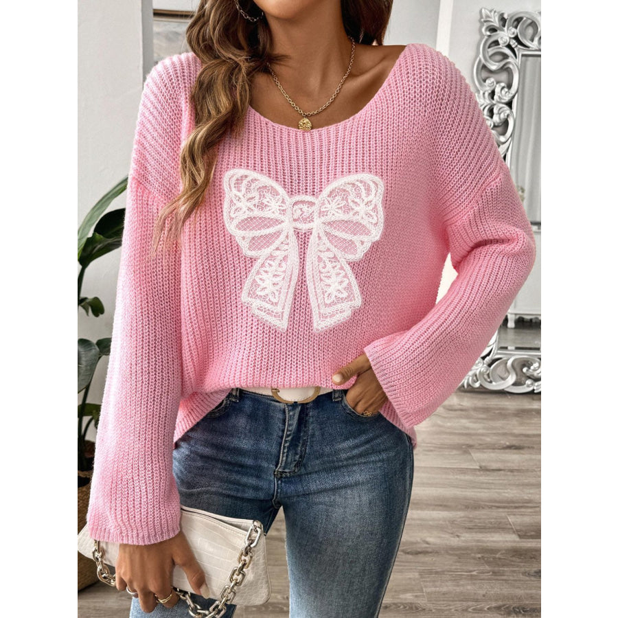 Bow Boat Neck Long Sleeve Sweater Apparel and Accessories