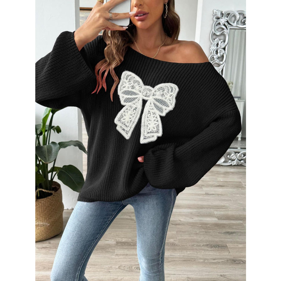 Bow Boat Neck Long Sleeve Sweater Black / S Apparel and Accessories