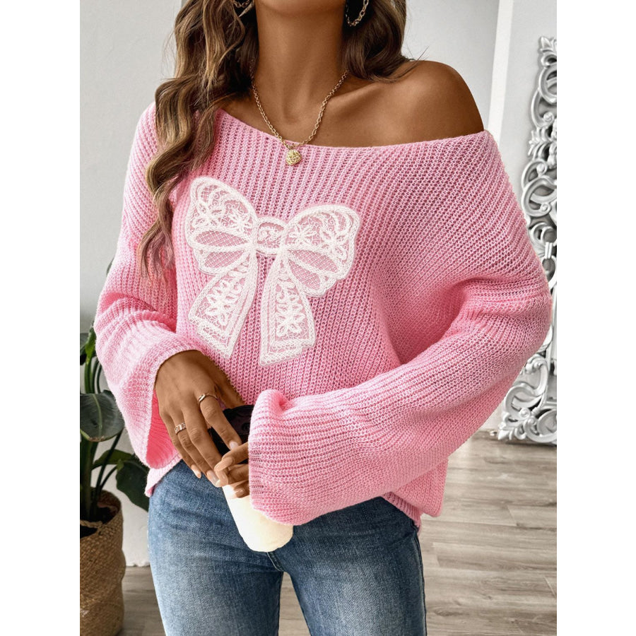 Bow Boat Neck Long Sleeve Sweater Blush Pink / S Apparel and Accessories