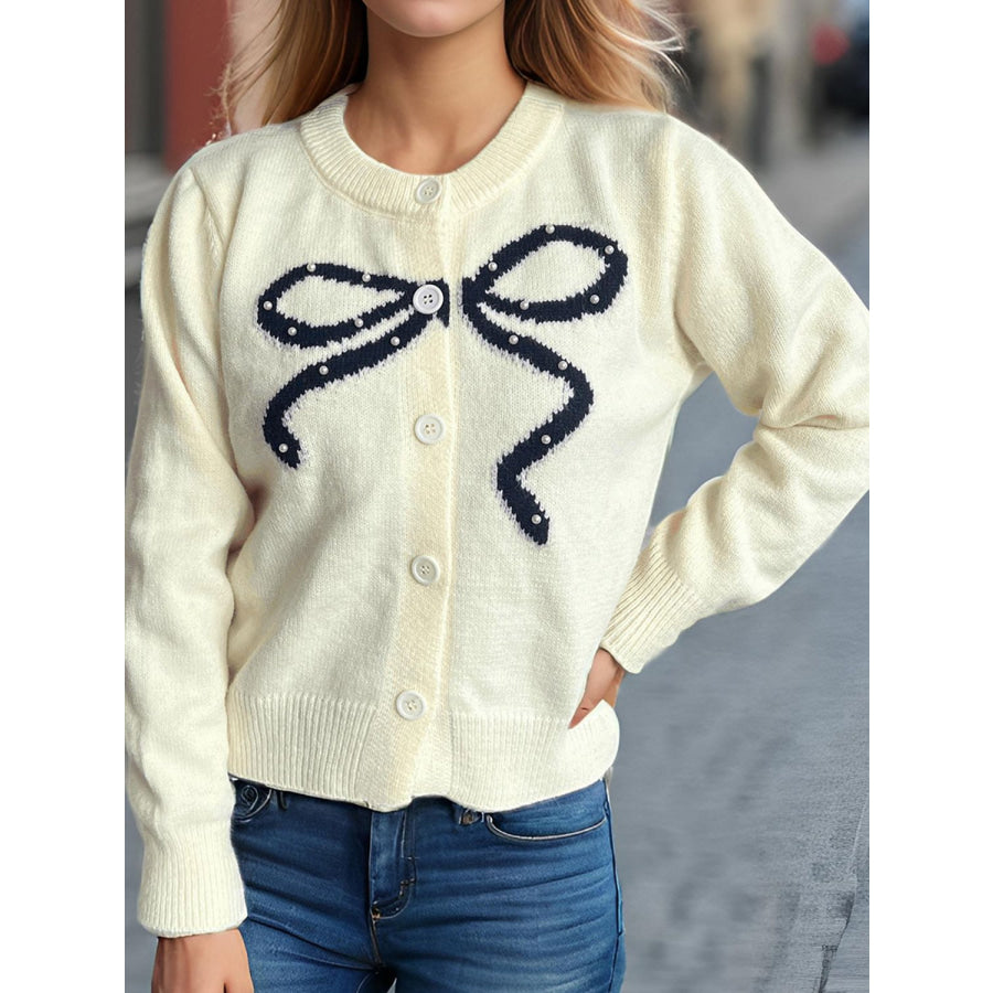 Bow Button Down Round Neck Cardigan Apparel and Accessories