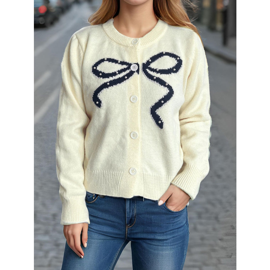 Bow Button Down Round Neck Cardigan Ivory / One Size Apparel and Accessories