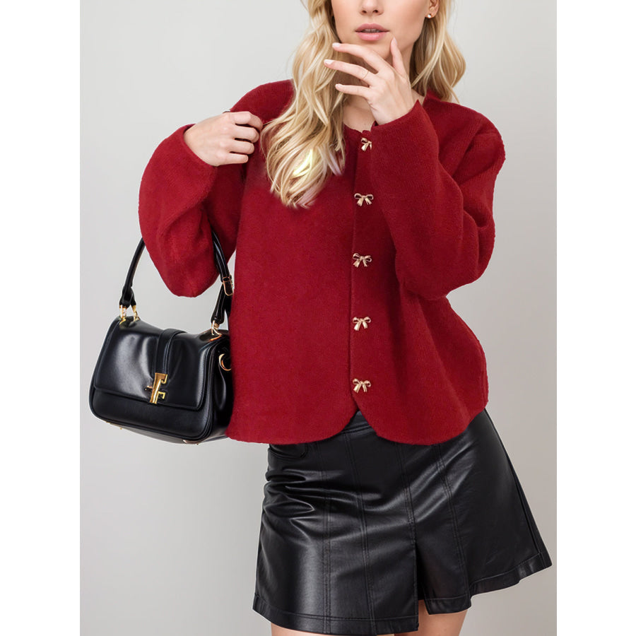 Bow Button Down Round Neck Long Sleeve Cardigan Apparel and Accessories