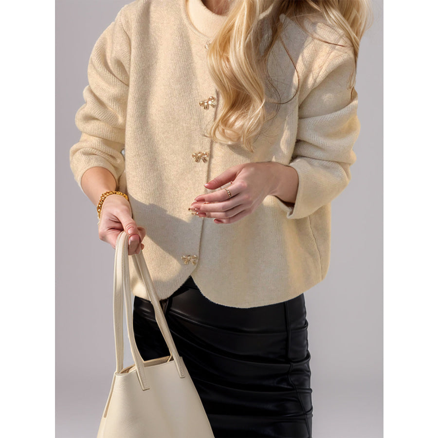 Bow Button Down Round Neck Long Sleeve Cardigan Apparel and Accessories