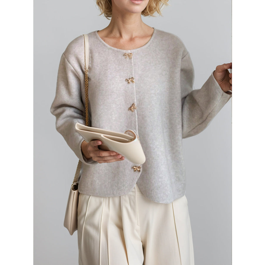 Bow Button Down Round Neck Long Sleeve Cardigan Apparel and Accessories