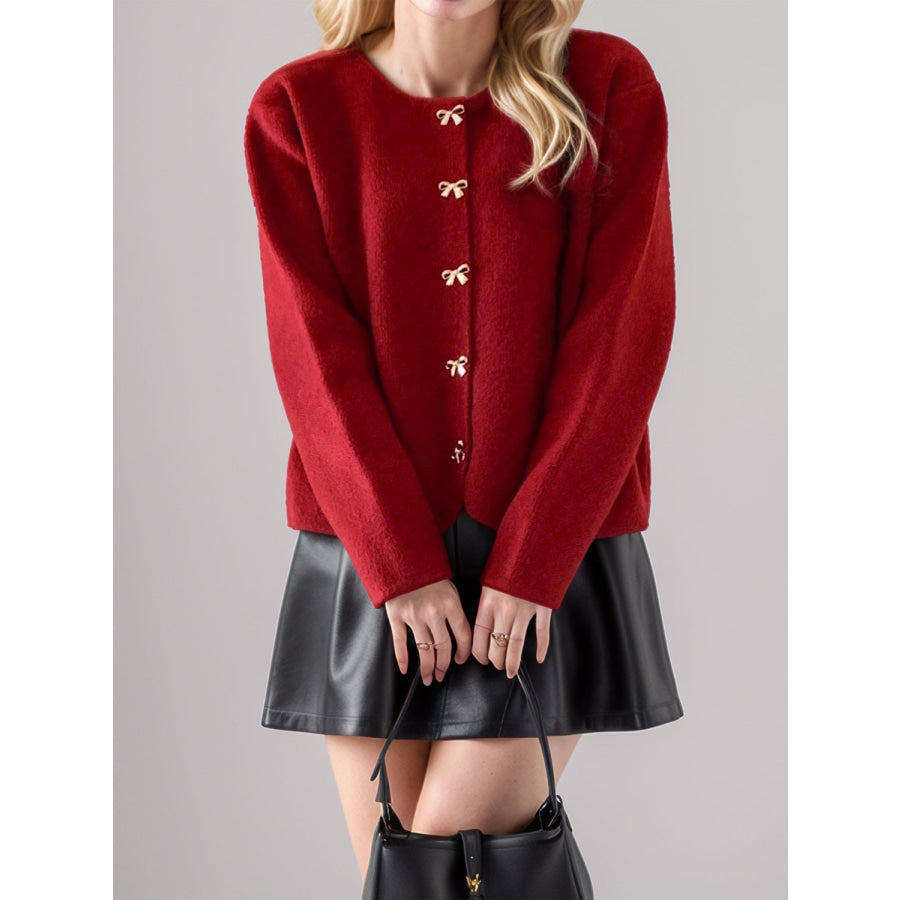 Bow Button Down Round Neck Long Sleeve Cardigan Apparel and Accessories