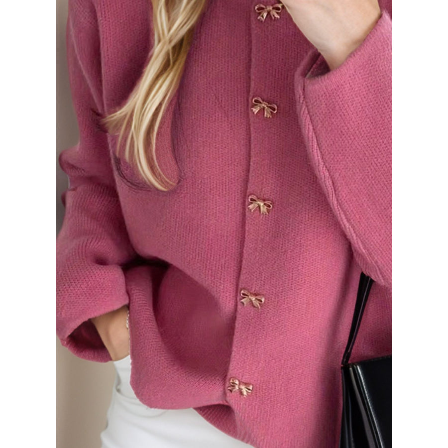 Bow Button Down Round Neck Long Sleeve Cardigan Apparel and Accessories