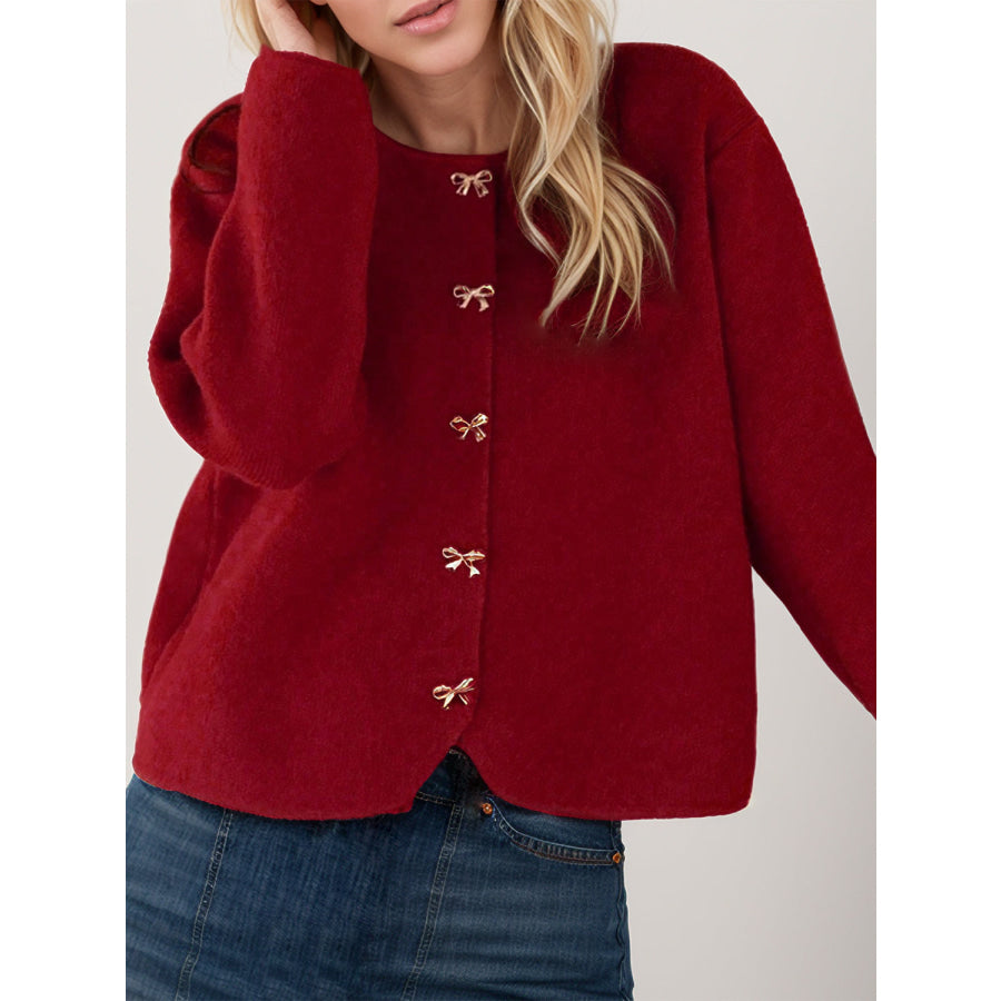 Bow Button Down Round Neck Long Sleeve Cardigan Apparel and Accessories