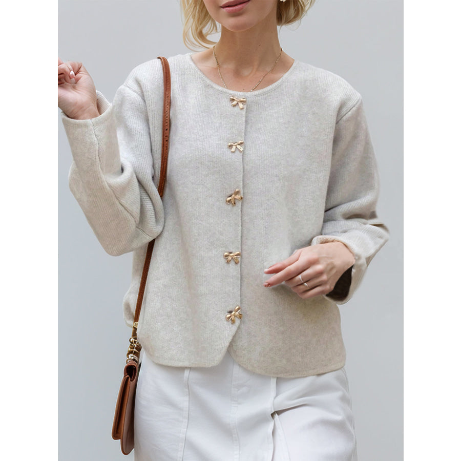 Bow Button Down Round Neck Long Sleeve Cardigan Apparel and Accessories