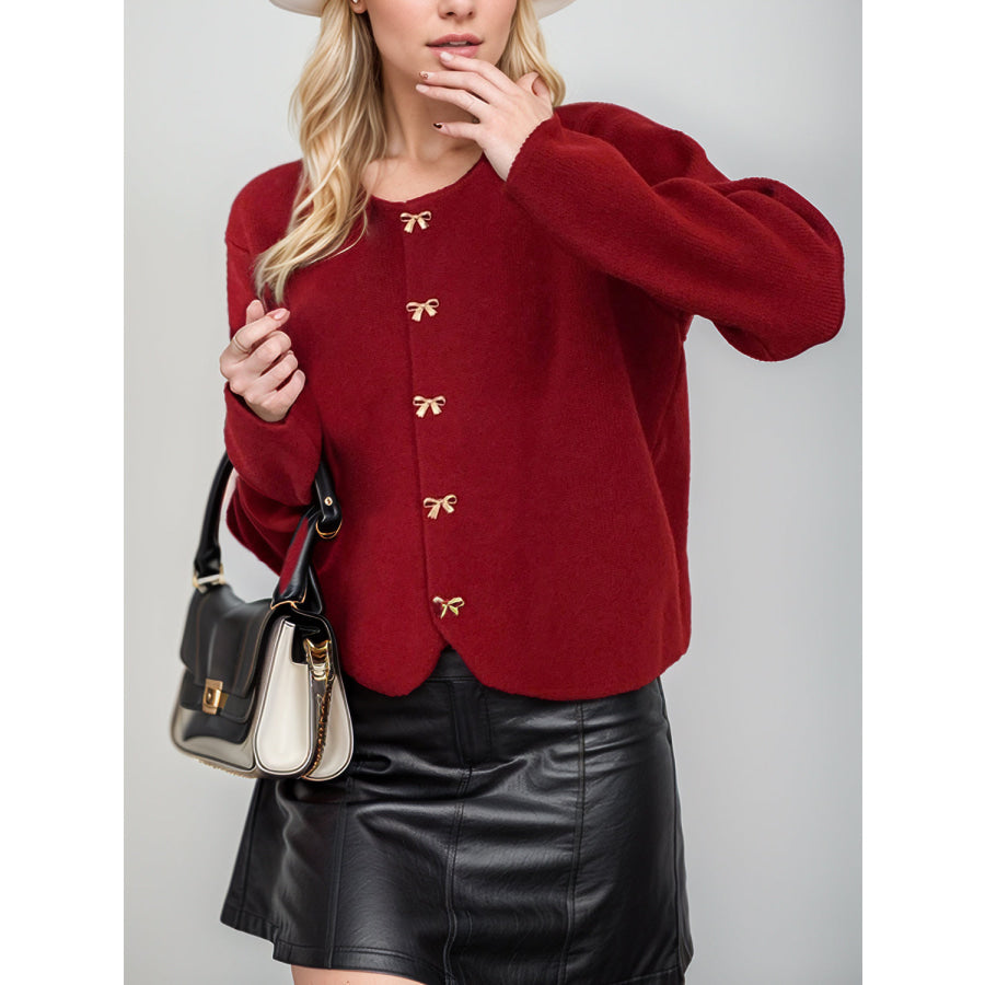 Bow Button Down Round Neck Long Sleeve Cardigan Burgundy / One Size Apparel and Accessories