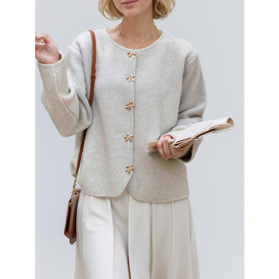 Bow Button Down Round Neck Long Sleeve Cardigan Light Gray / One Size Apparel and Accessories