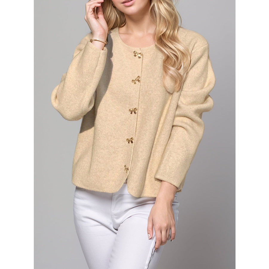 Bow Button Down Round Neck Long Sleeve Cardigan Tan / One Size Apparel and Accessories