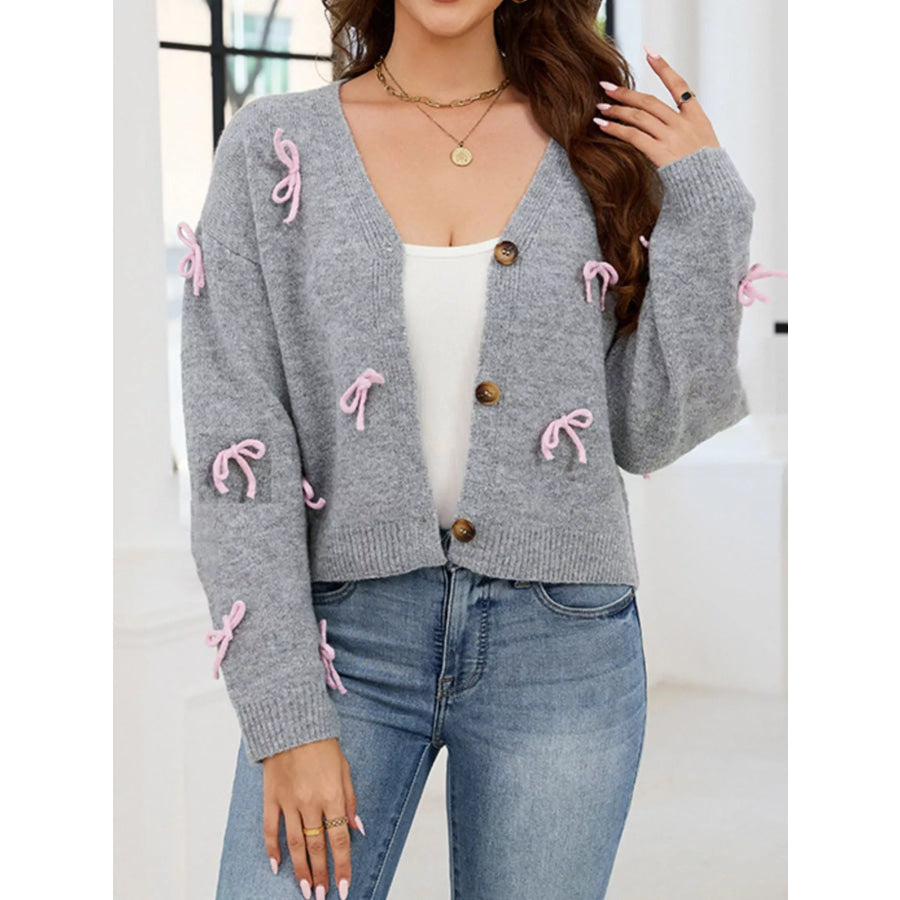 Bow Button Up Cardigan Gray / S Apparel and Accessories