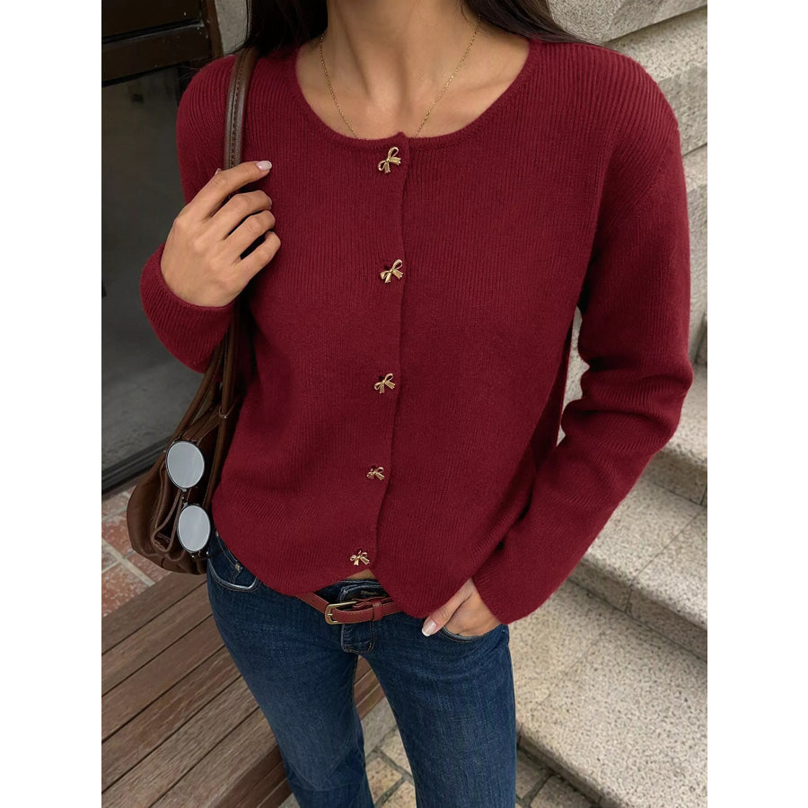 Bow Button Up Knit Cardigan Apparel and Accessories