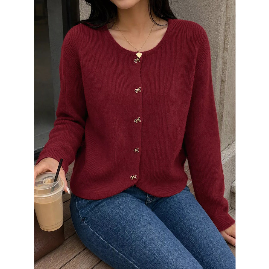 Bow Button Up Knit Cardigan Apparel and Accessories