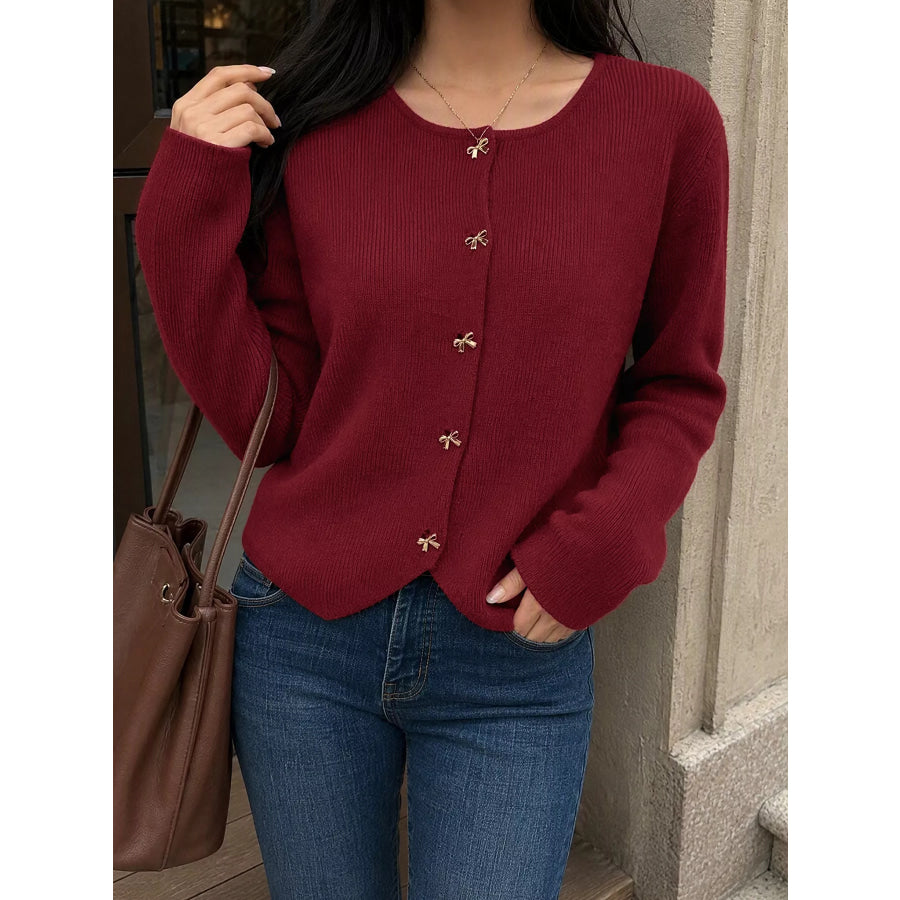 Bow Button Up Knit Cardigan Apparel and Accessories