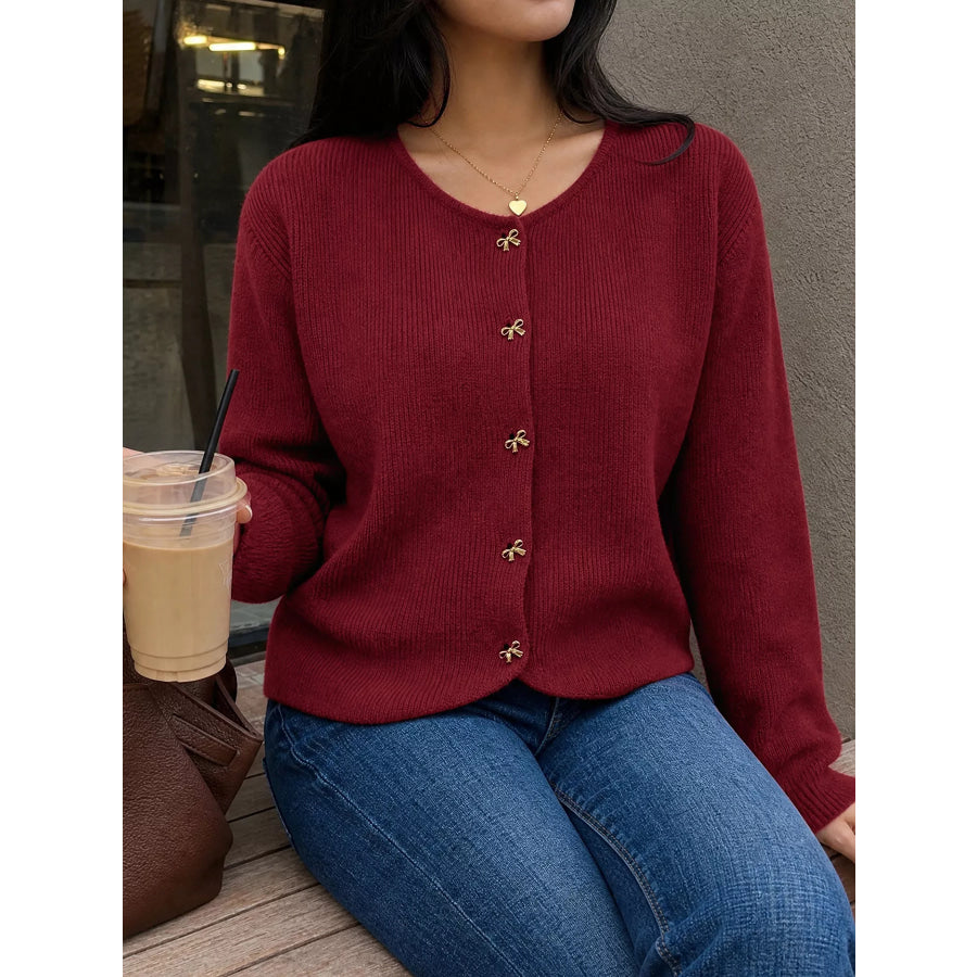 Bow Button Up Knit Cardigan Apparel and Accessories