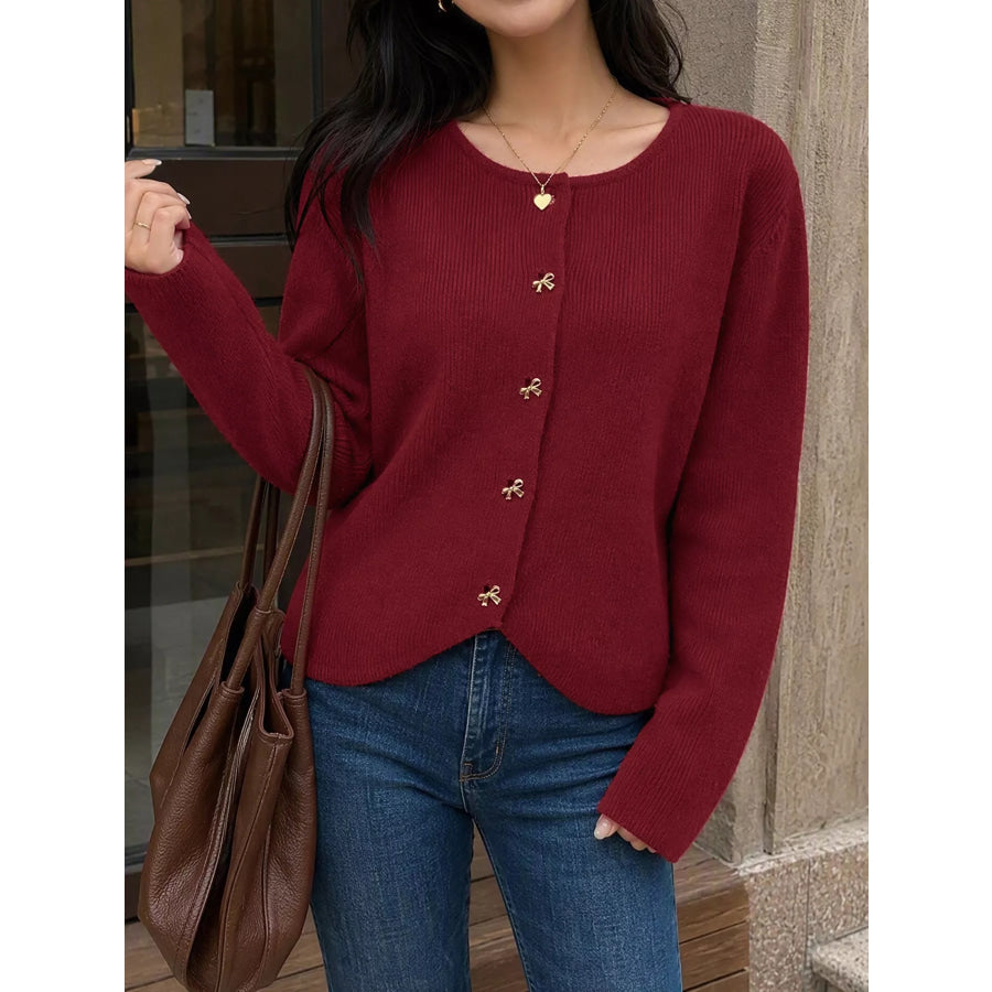Bow Button Up Knit Cardigan Apparel and Accessories
