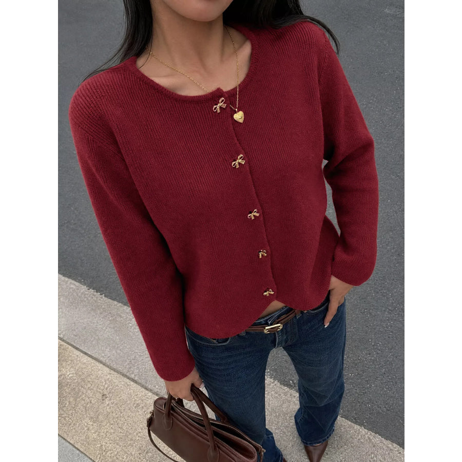 Bow Button Up Knit Cardigan Burgundy / S Apparel and Accessories