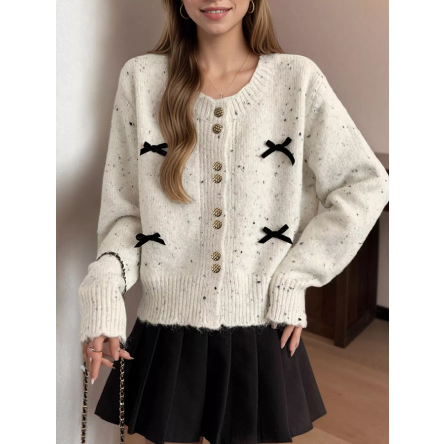 Bow Button Up Ribbed Hem Cardigan White / One Size Apparel and Accessories