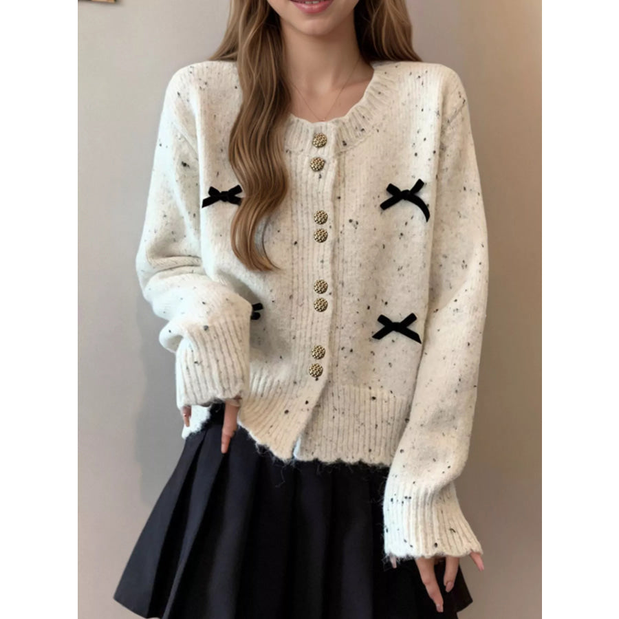 Bow Button Up Ribbed Hem Cardigan White / One Size Apparel and Accessories